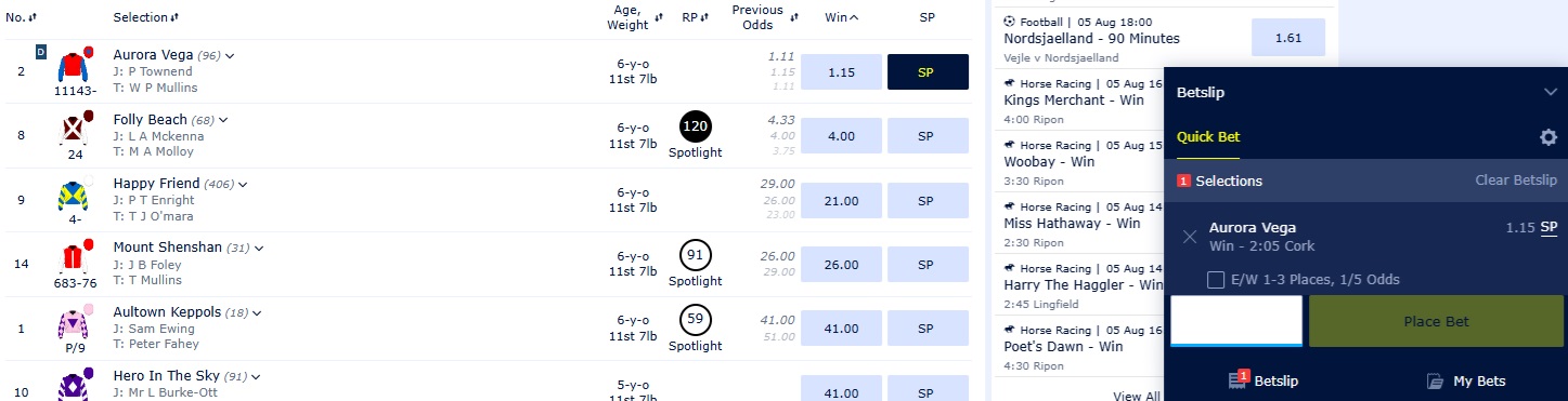 William Hill SP bet slip